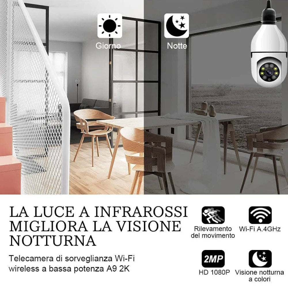 Telecamera Lampadina WiFi 1080p Visione 360° Audio Bidirezionale