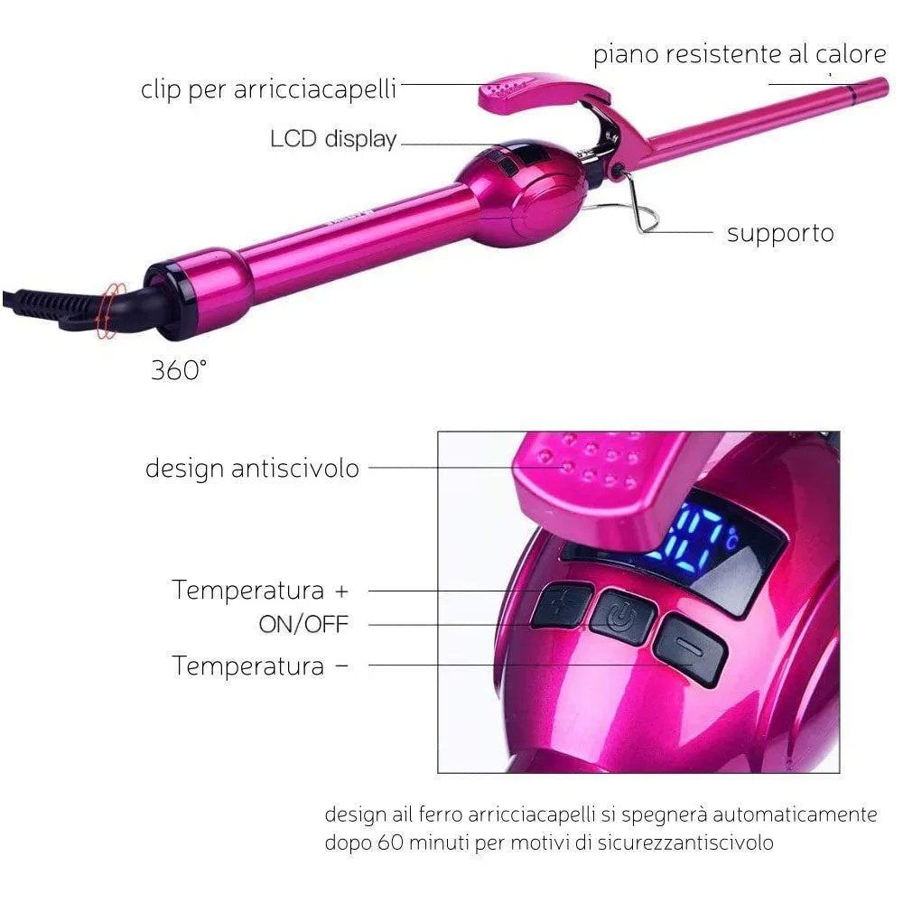 Ferro Arricciacapelli Afro Professionale 9mm con Display LCD e Rivestimento in Ceramica