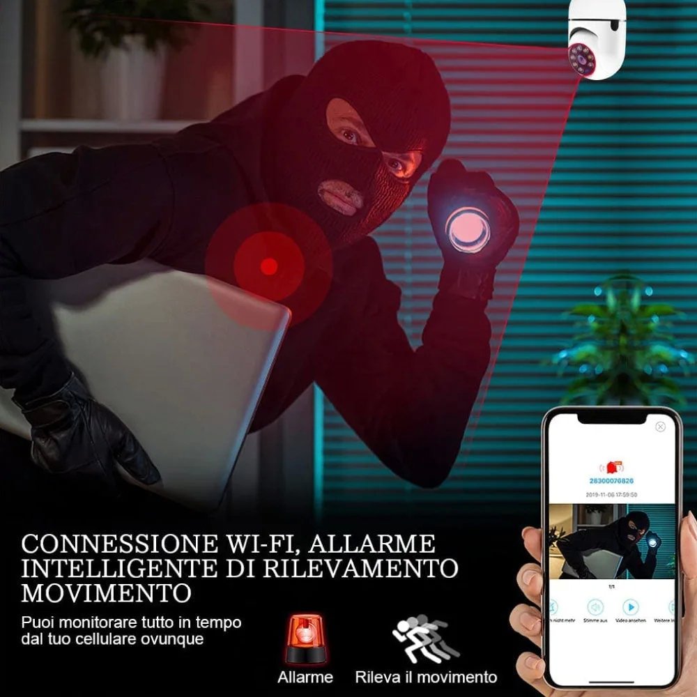 Telecamera Lampadina WiFi 1080p Visione 360° Audio Bidirezionale