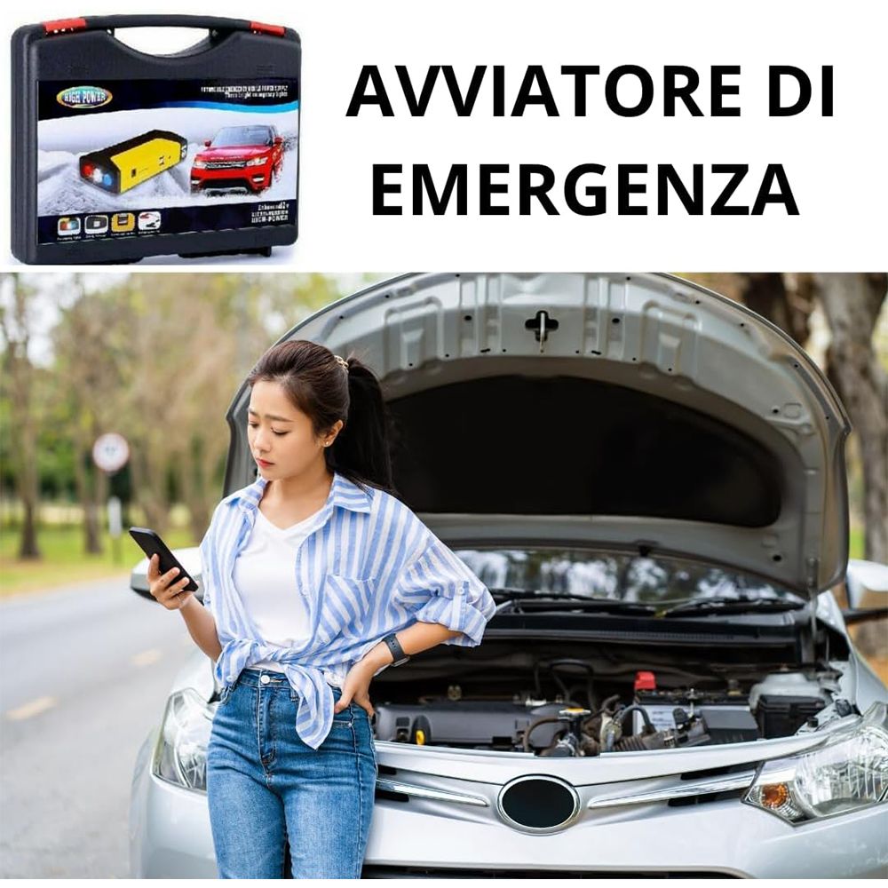 Avviatore di Emergenza Auto 12V Multifunzionale con Power Bank e Pompa ad Aria