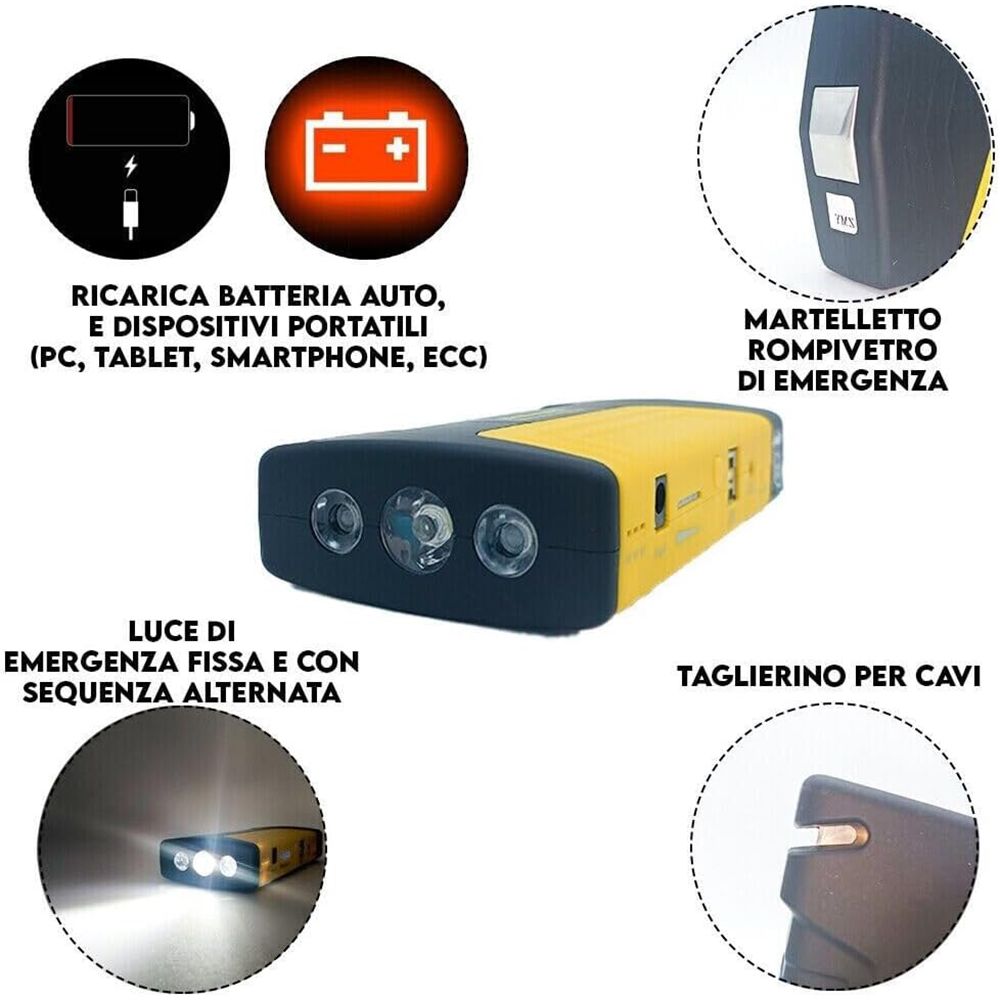 Avviatore di Emergenza Auto 12V Multifunzionale con Power Bank e Pompa ad Aria