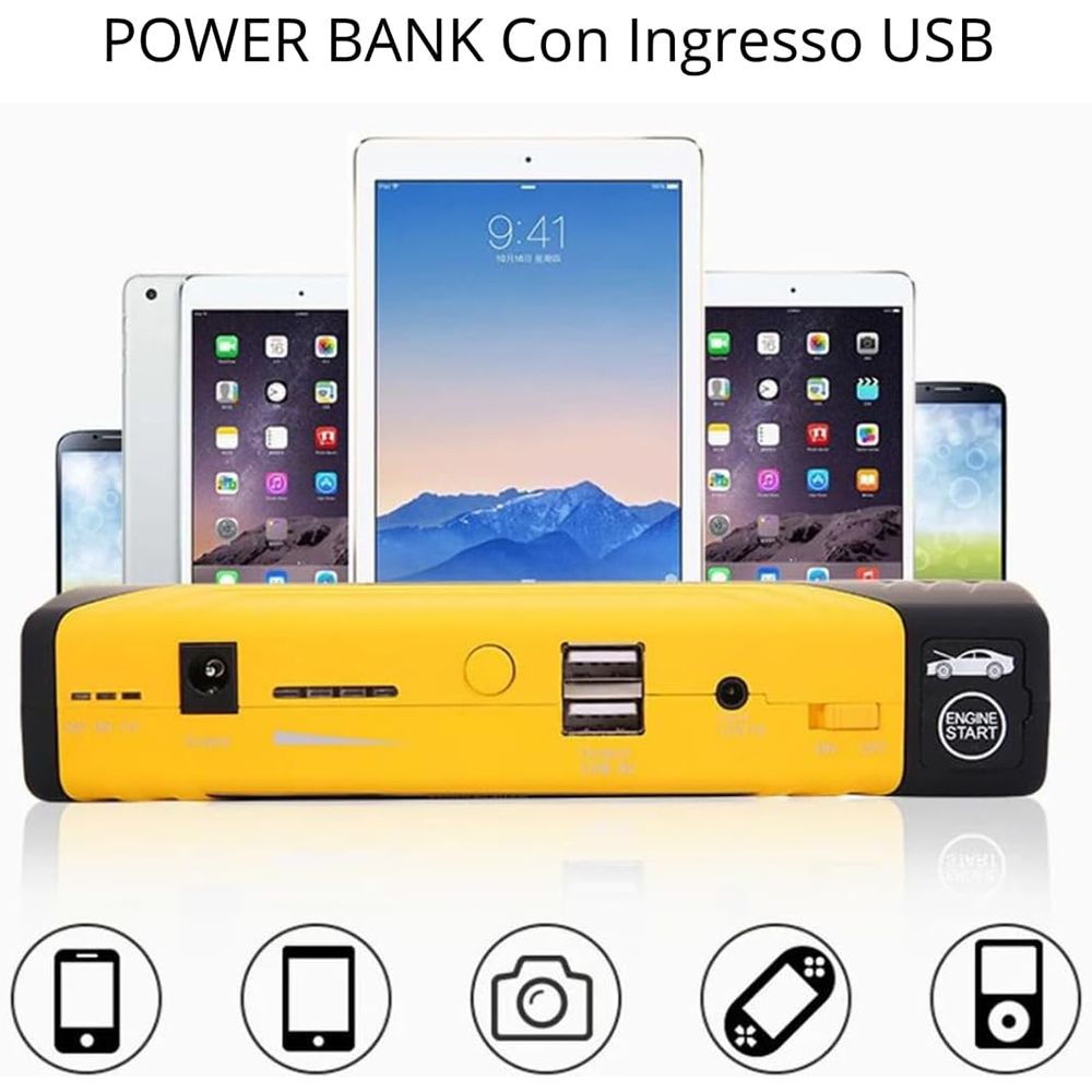 Avviatore di Emergenza Auto 12V Multifunzionale con Power Bank e Pompa ad Aria