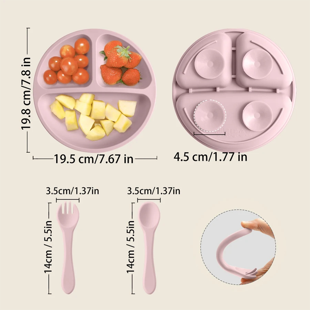 Stoviglie Silicone per Bambini Antiscivolo 3 Pezzi Piatti, Cucchiaio e Forchetta
