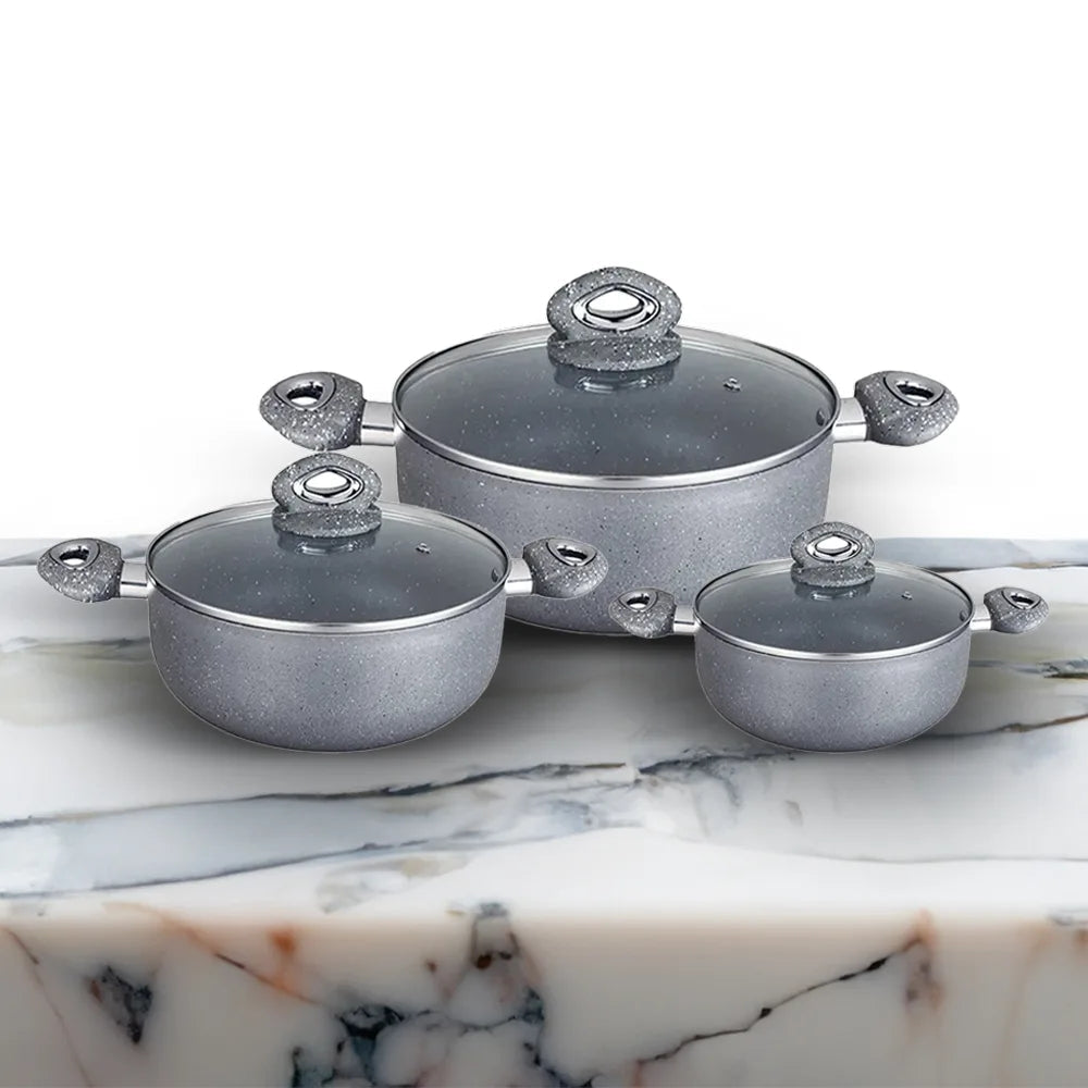 Pentole Antiaderenti Trio in Alluminio con Rivestimento 5 Strati e Coperchi in Vetro