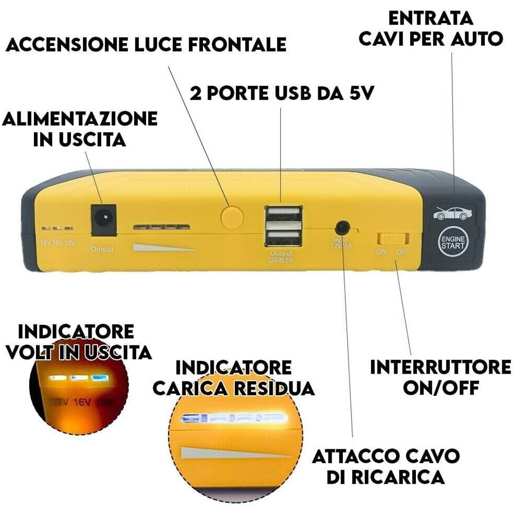 Avviatore di Emergenza Auto 12V Multifunzionale con Power Bank e Pompa ad Aria