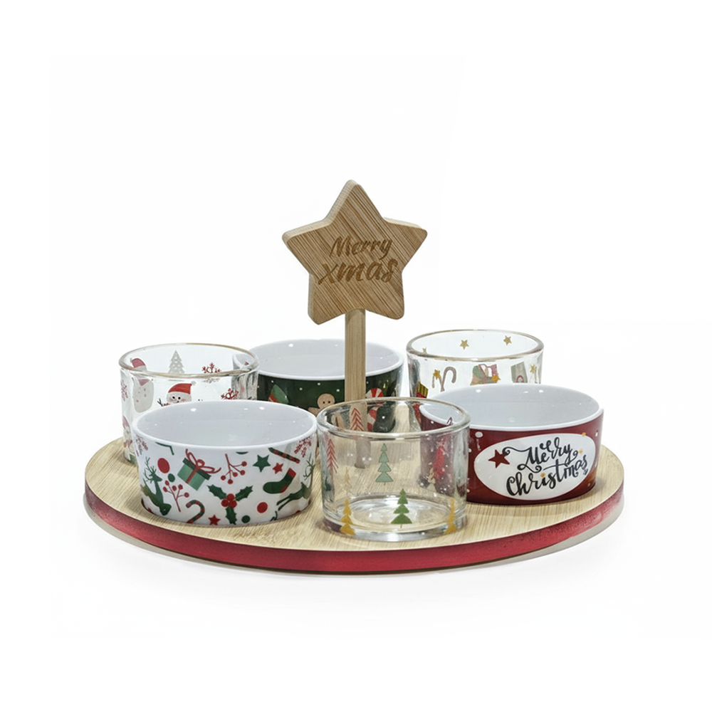 Antipastiera Natalizia con 6 Ciotoline su Base Bamboo con Stella Decorativa