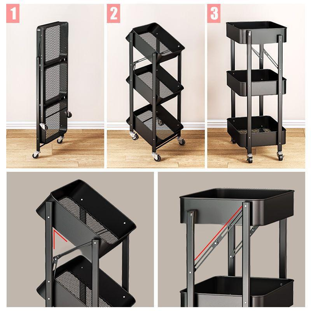 Carrello Pieghevole Portaoggetti 3 Ripiani con Ruote