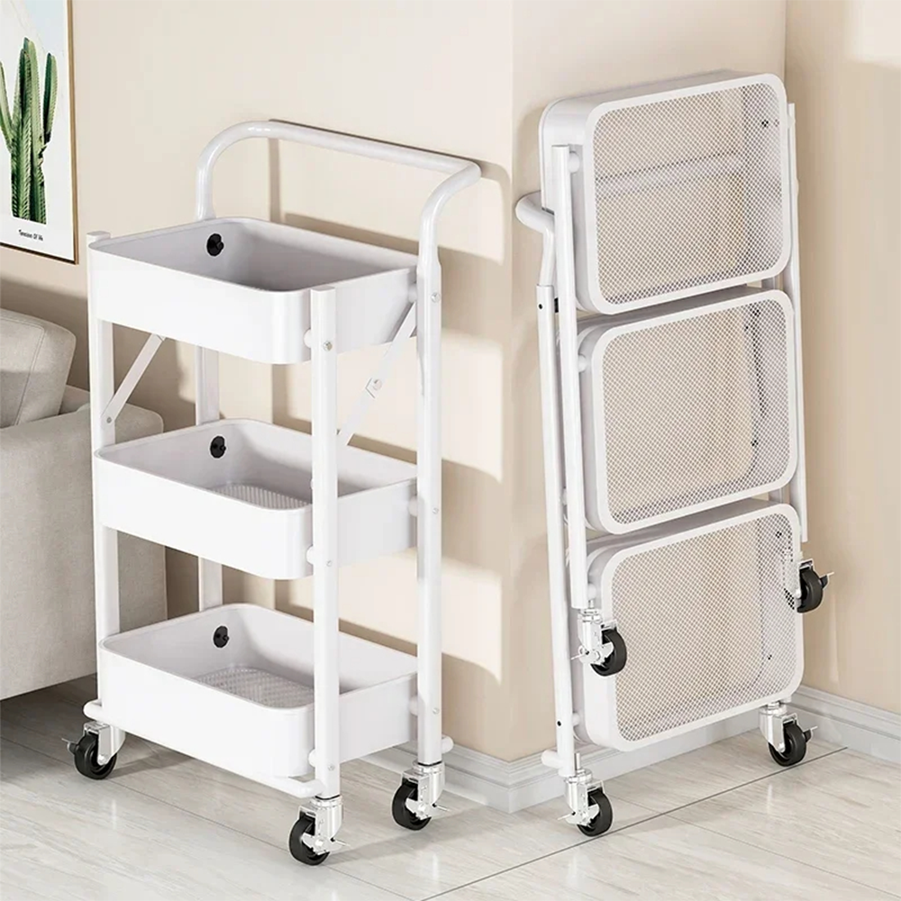 Carrello Pieghevole Portaoggetti 3 Ripiani con Ruote