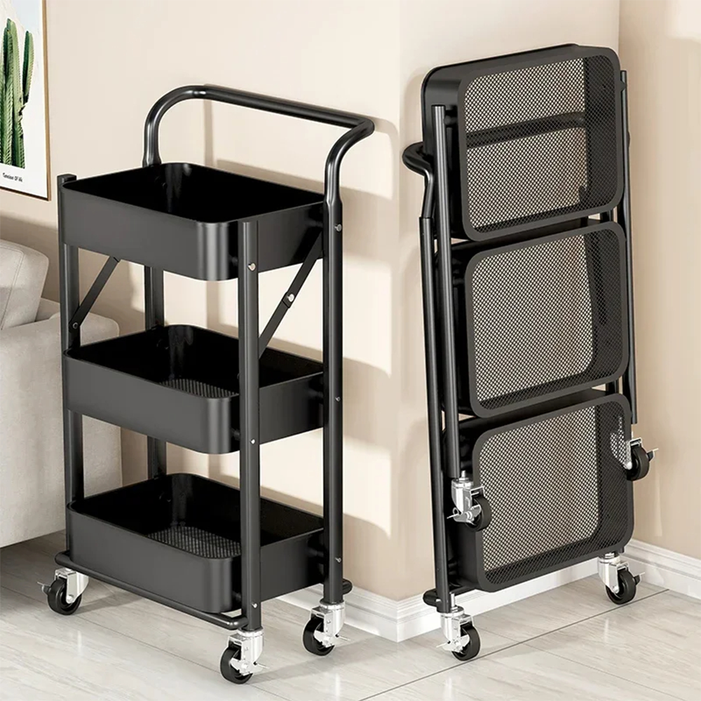 Carrello Pieghevole Portaoggetti 3 Ripiani con Ruote