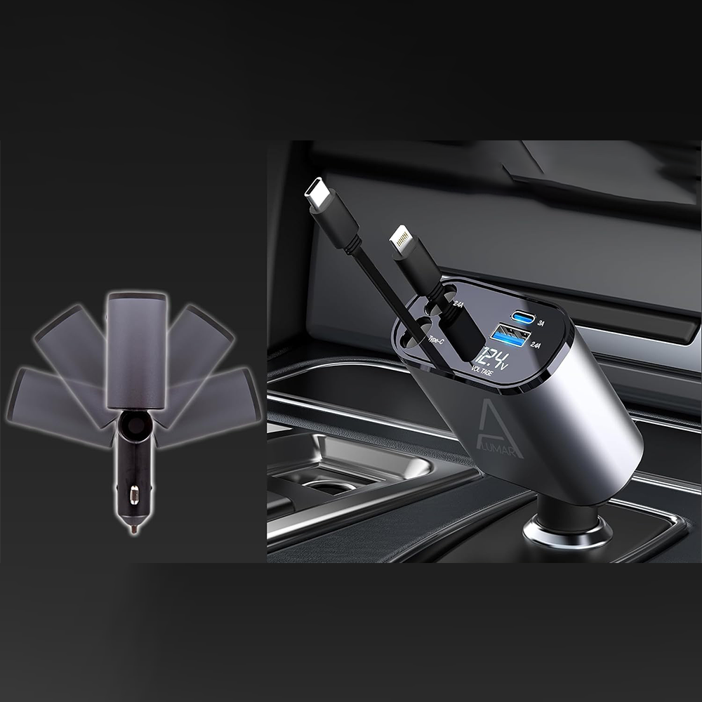 Caricatore Auto 4 in 1 USB-C con Cavi Retrattili e Display LED