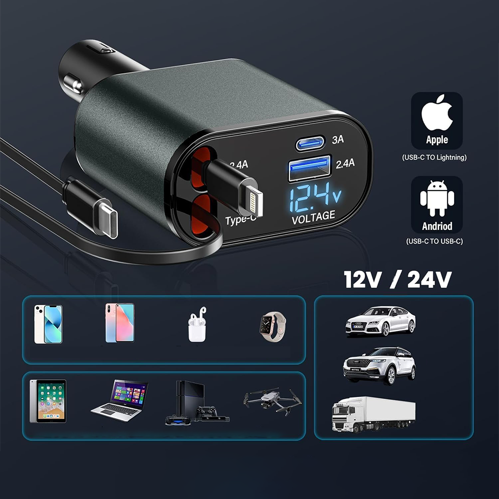 Caricatore Auto 4 in 1 USB-C con Cavi Retrattili e Display LED