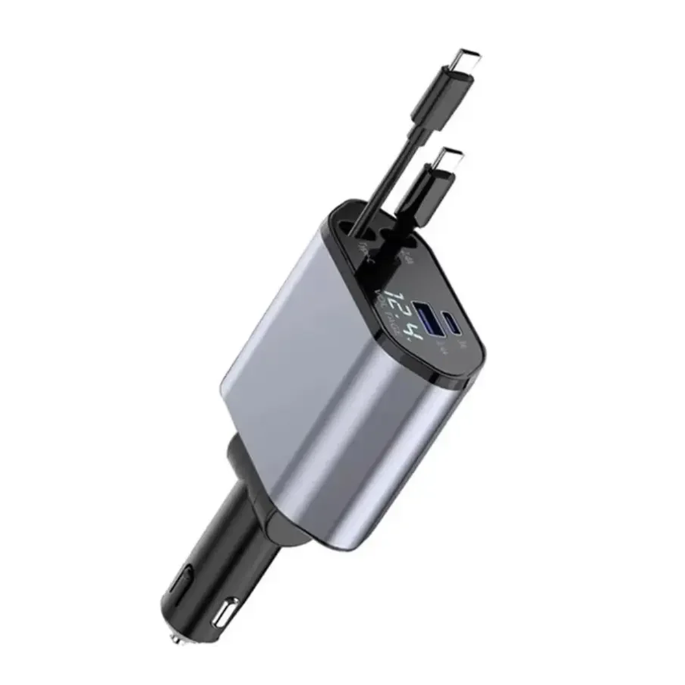 Caricatore Auto 4 in 1 USB-C con Cavi Retrattili e Display LED
