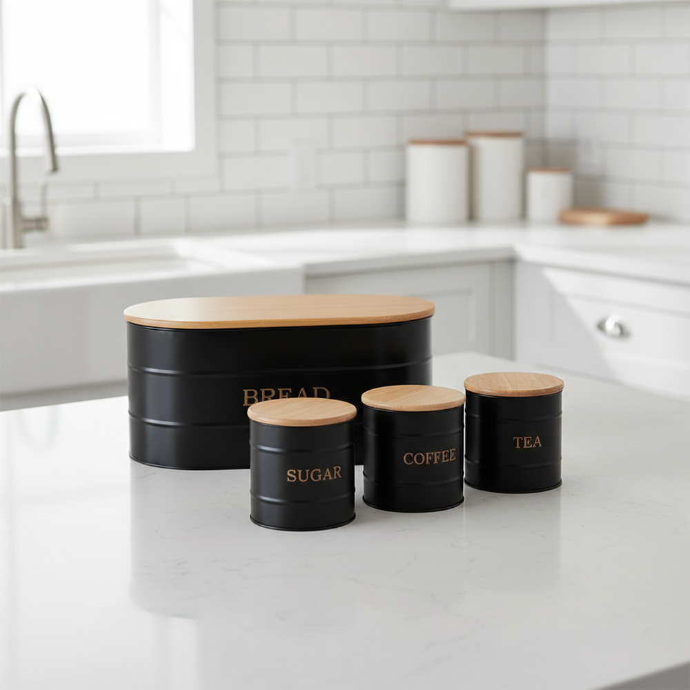 Contenitori da Cucina con Coperchi in Legno per Pane Zucchero Caffè e Tè