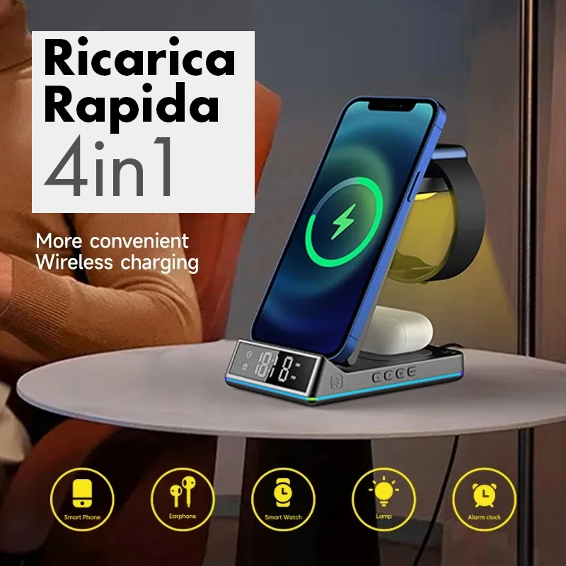 ChargeMaster 4-in-1 – Stazione di Ricarica Senza Fili con Sveglia