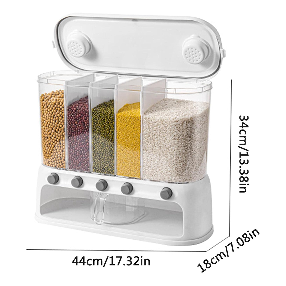 Dispenser da Parete per Alimenti Secchi con 5 Scomparti e Pulsante Erogatore