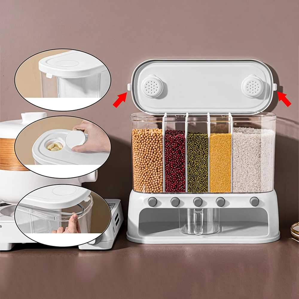 Dispenser da Parete per Alimenti Secchi con 5 Scomparti e Pulsante Erogatore
