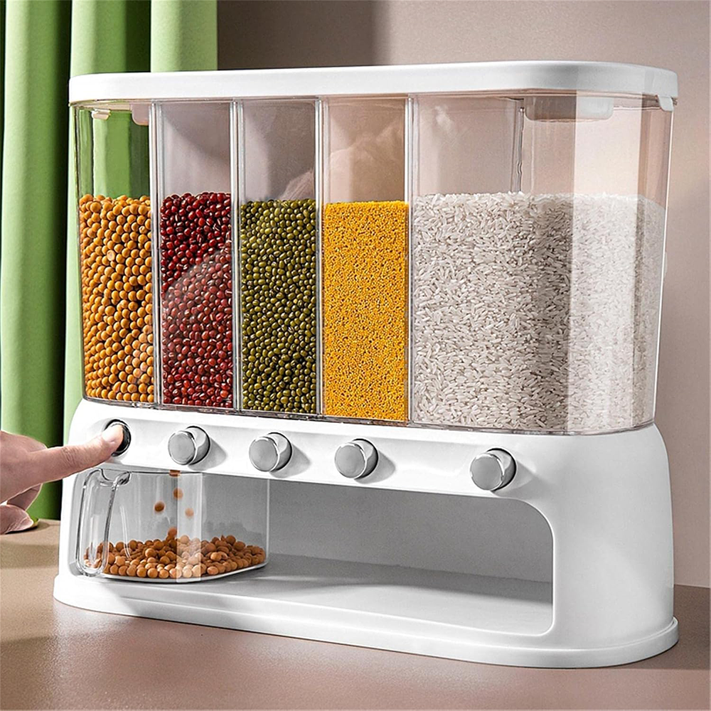 Dispenser da Parete per Alimenti Secchi con 5 Scomparti e Pulsante Erogatore