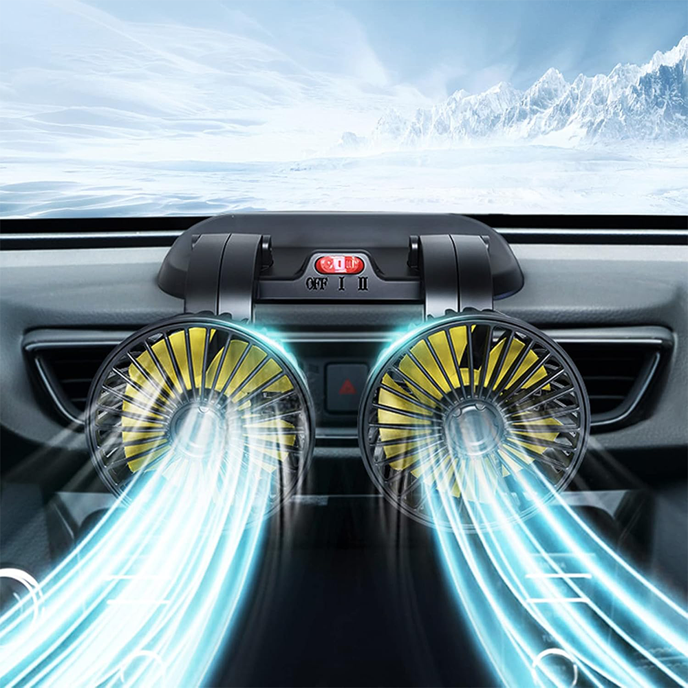 Ventilatore Auto Doppia Testa Rotazione 360° Silenzioso da Cruscotto