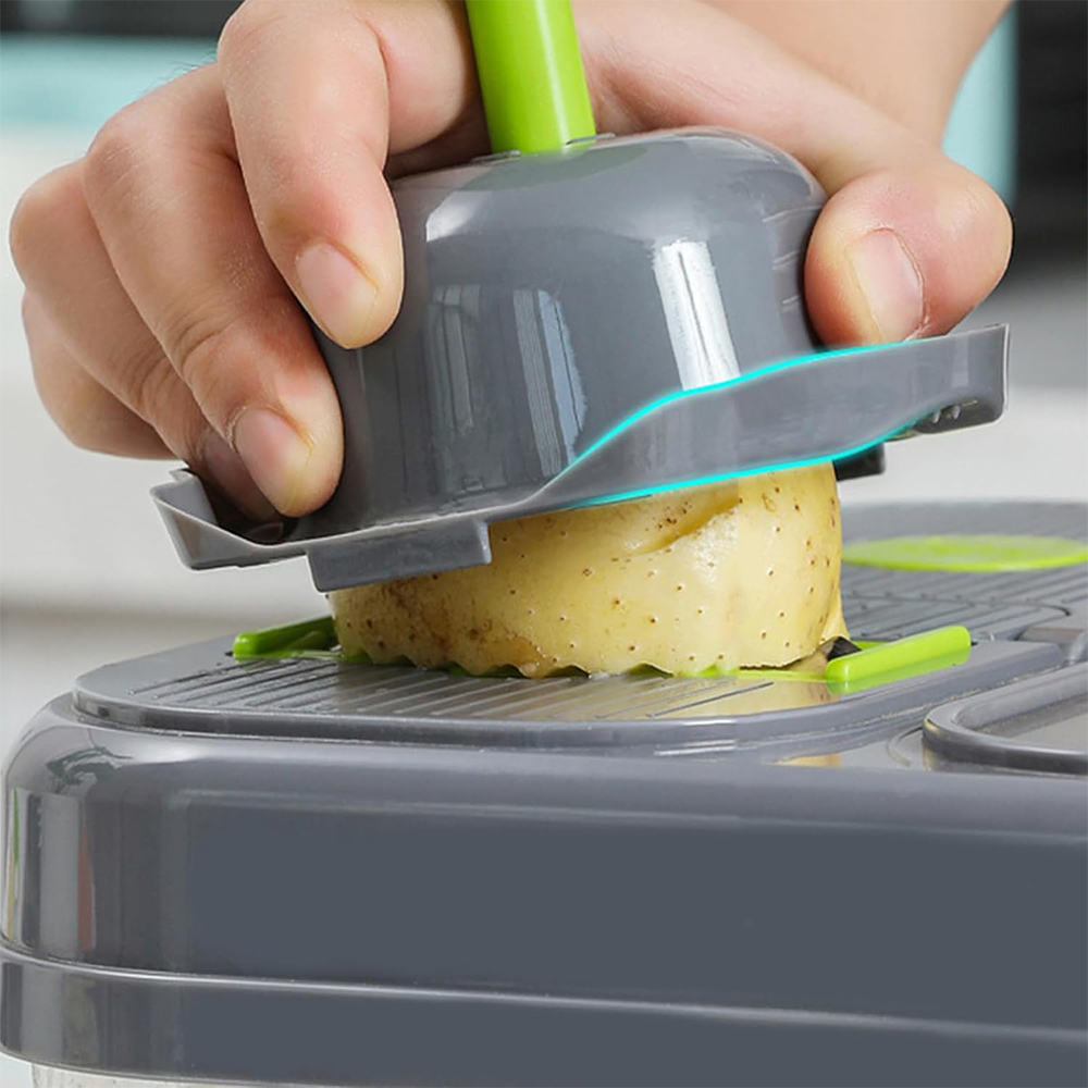 Affettatrice Multifunzione  9 in 1 con Contenitori, Lame in Acciaio Inox e Tagliere Antiscivolo