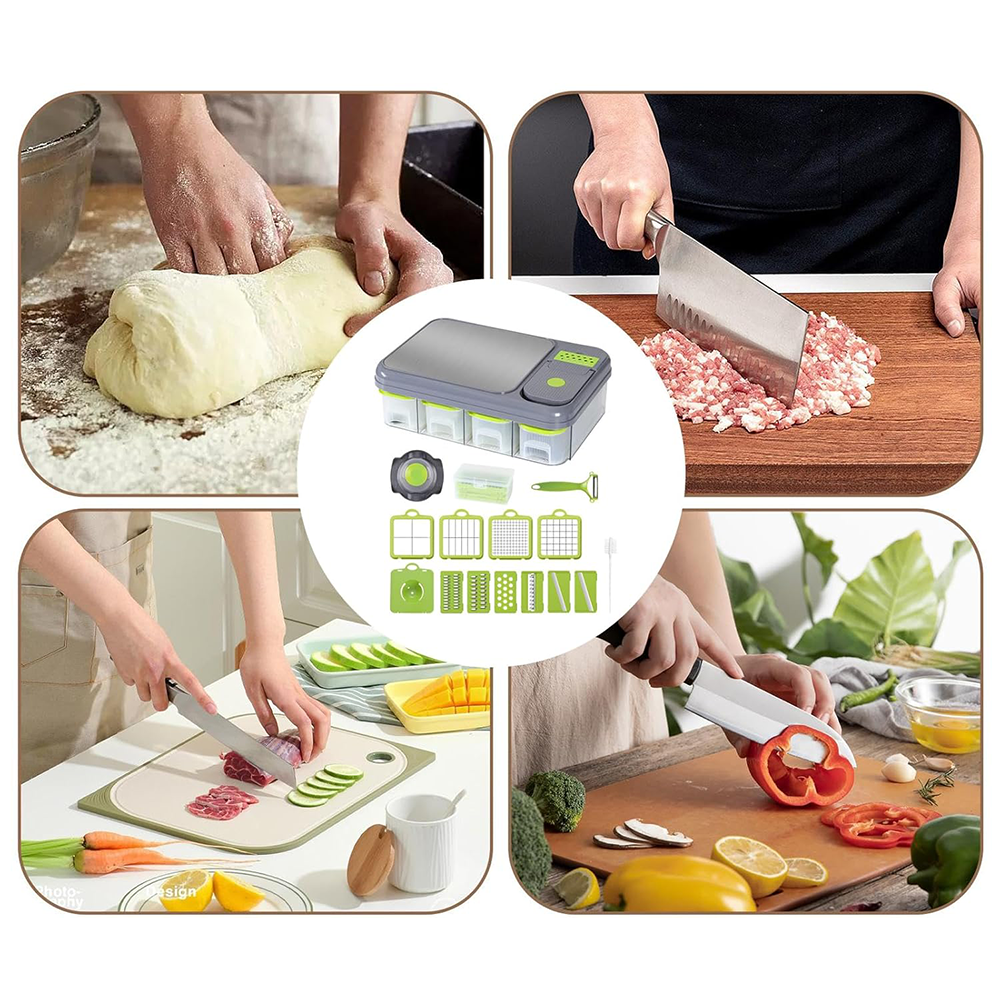 Affettatrice Multifunzione  9 in 1 con Contenitori, Lame in Acciaio Inox e Tagliere Antiscivolo