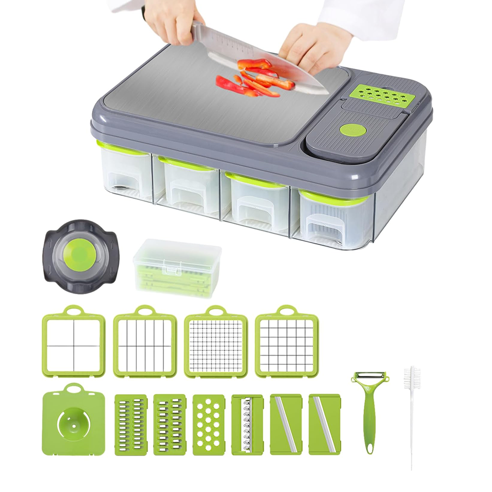 Affettatrice Multifunzione  9 in 1 con Contenitori, Lame in Acciaio Inox e Tagliere Antiscivolo