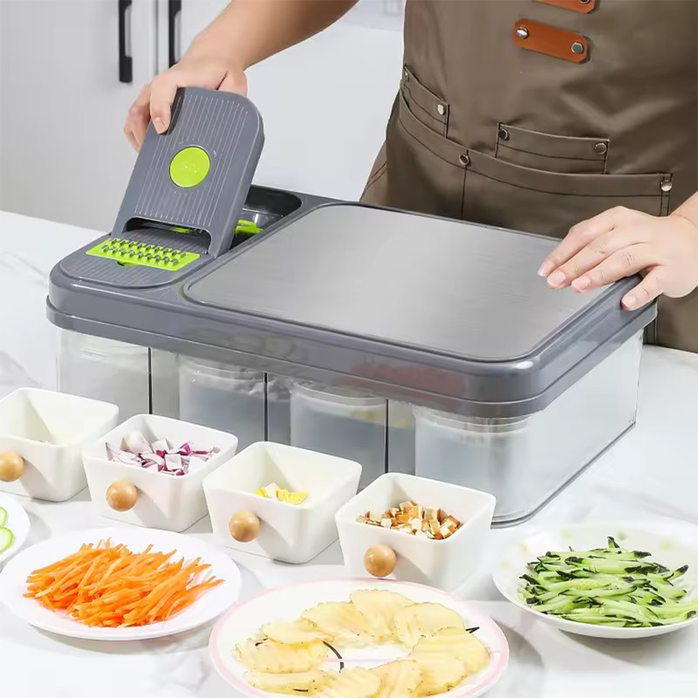 Affettatrice Multifunzione  9 in 1 con Contenitori, Lame in Acciaio Inox e Tagliere Antiscivolo