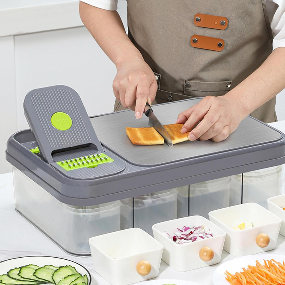 Affettatrice Multifunzione  9 in 1 con Contenitori, Lame in Acciaio Inox e Tagliere Antiscivolo