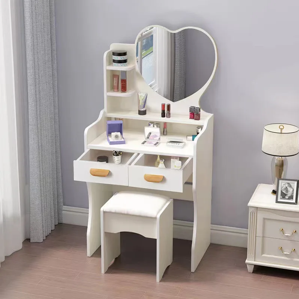 Tavolo Make-Up con Specchio a Cuore e Sgabello – Postazione Trucco Elegante con Cassetti e Ripiani