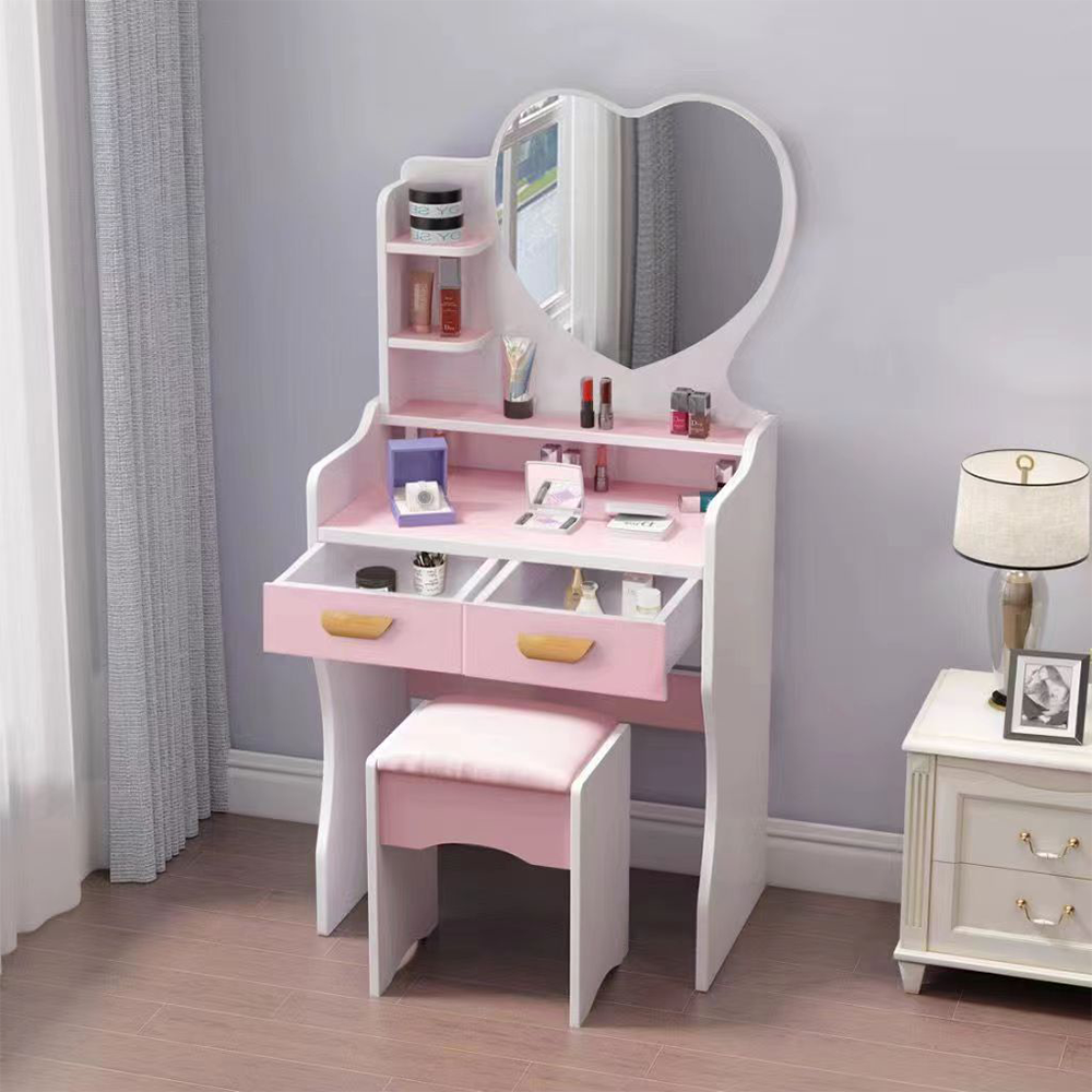 Tavolo Make-Up con Specchio a Cuore e Sgabello – Postazione Trucco Elegante con Cassetti e Ripiani