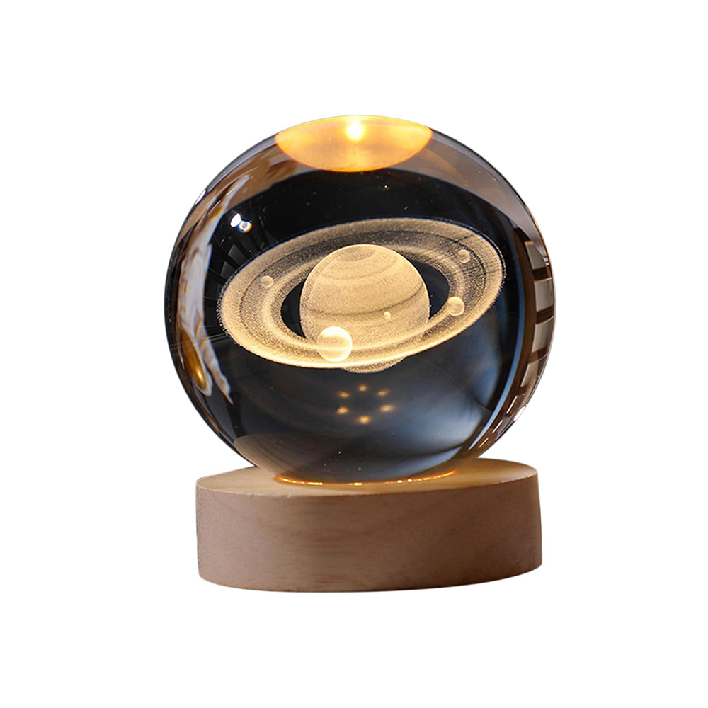 Luce Notturna LED Sfera Saturno 3D in Cristallo con Supporto in Legno
