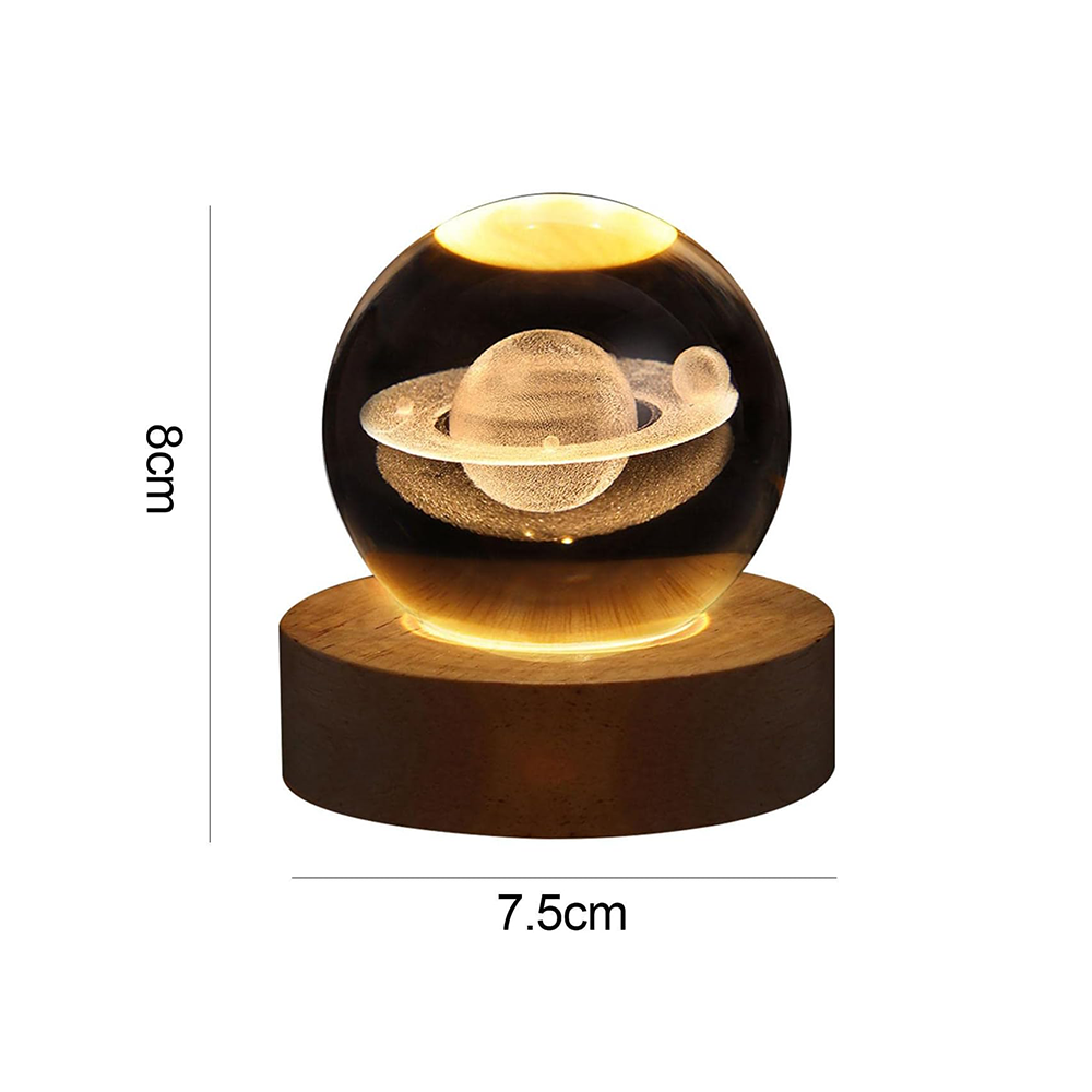 Luce Notturna LED Sfera Saturno 3D in Cristallo con Supporto in Legno