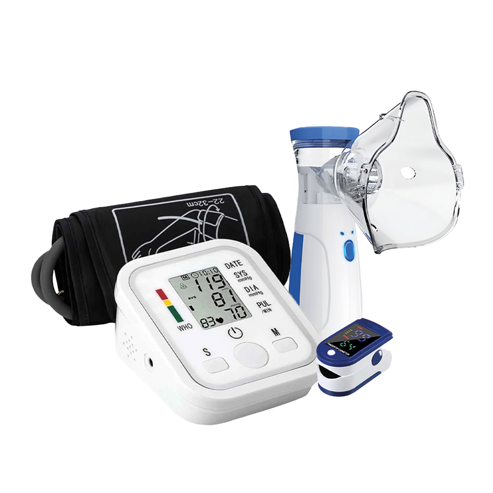 Kit Sanitario 3 in 1 Saturimetro, Misuratore Pressione e Nebulizzatore Portatile