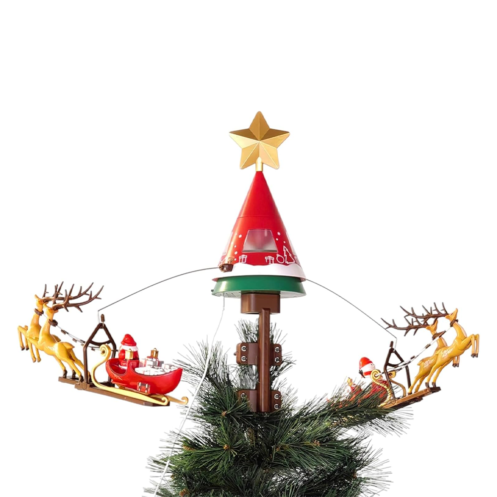 Puntale Albero Natale Rotante LED Musicale con Slitte e Babbo Natale