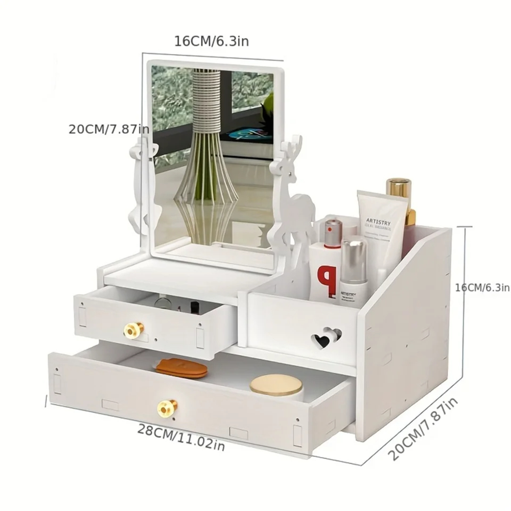 Portaoggetti con Specchio da Tavolo – Cassettiera in Legno per Make-Up, Cosmetici e Accessori