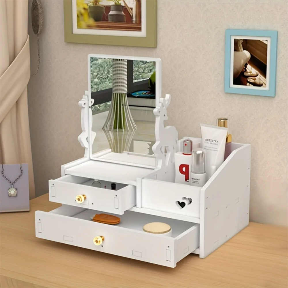 Portaoggetti con Specchio da Tavolo – Cassettiera in Legno per Make-Up, Cosmetici e Accessori