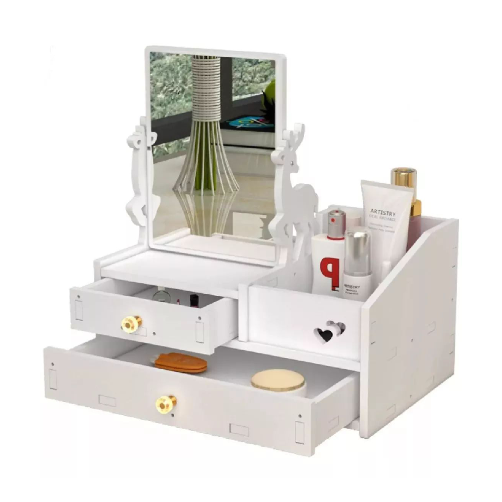 Portaoggetti con Specchio da Tavolo – Cassettiera in Legno per Make-Up, Cosmetici e Accessori