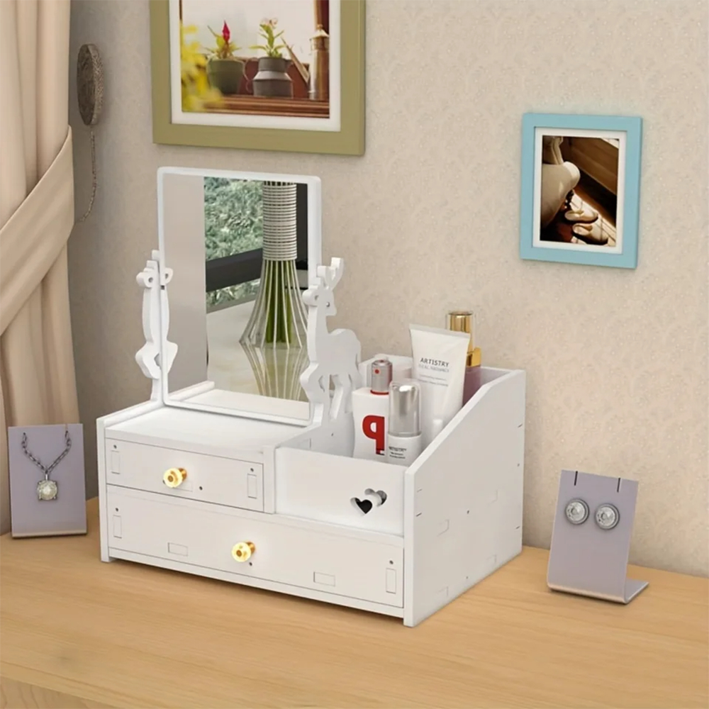 Portaoggetti con Specchio da Tavolo – Cassettiera in Legno per Make-Up, Cosmetici e Accessori