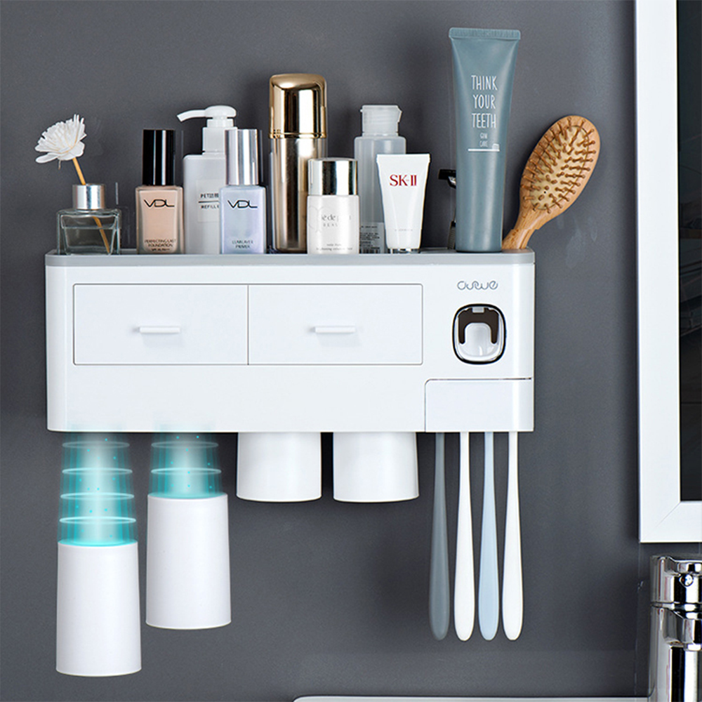 Portaspazzolino da Parete Magnetico con Dispenser, Cassetto e 4 Tazze