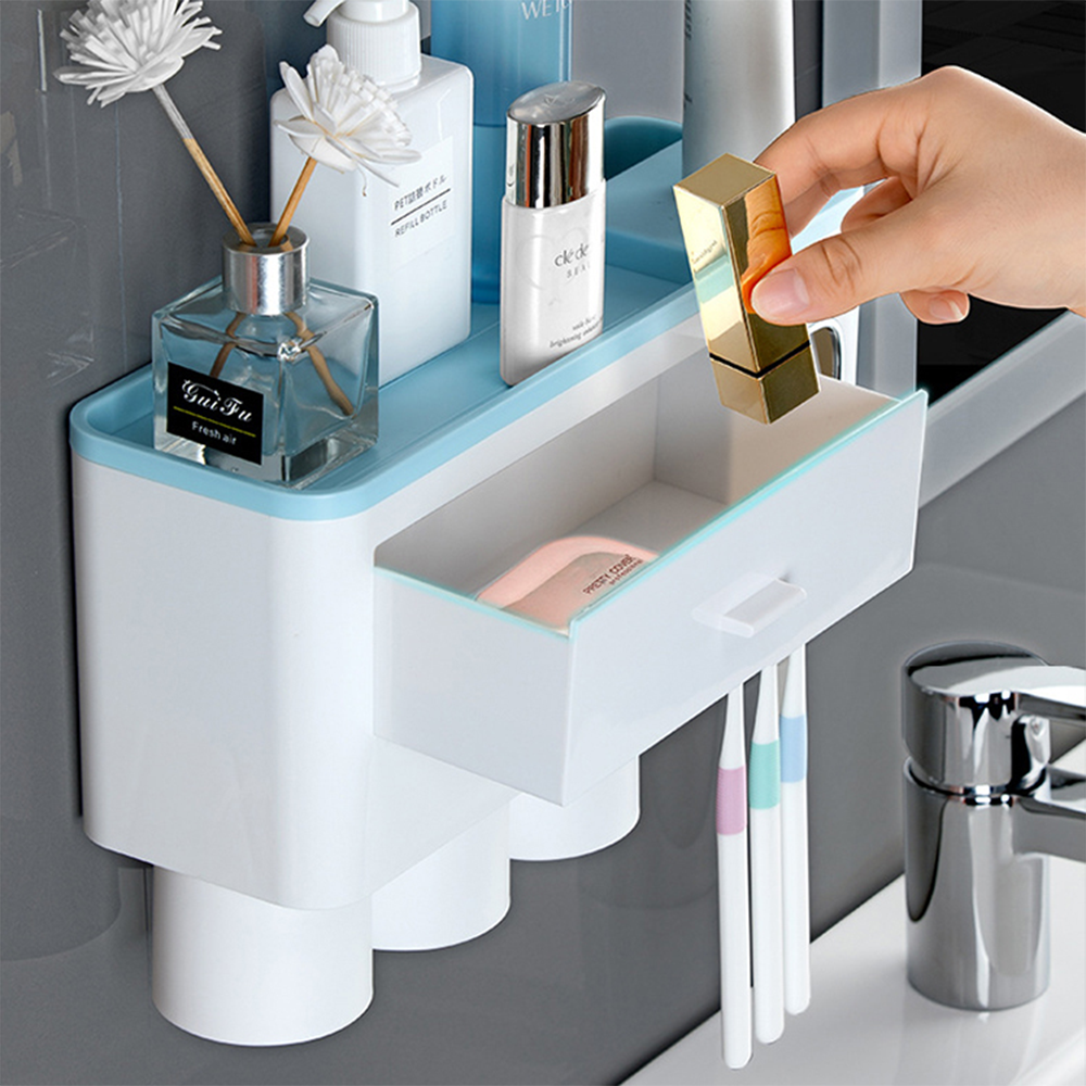Portaspazzolino da Parete Magnetico con Dispenser, Cassetto e 4 Tazze