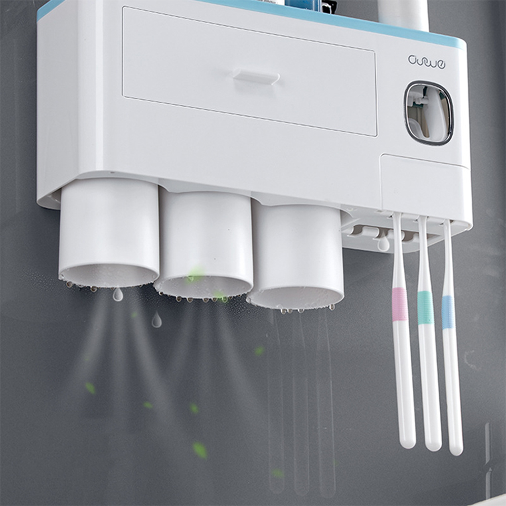 Portaspazzolino da Parete Magnetico con Dispenser, Cassetto e 4 Tazze