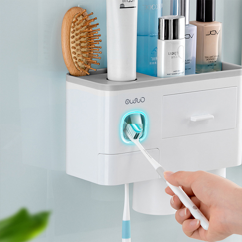 Portaspazzolino da Parete Magnetico con Dispenser, Cassetto e 4 Tazze