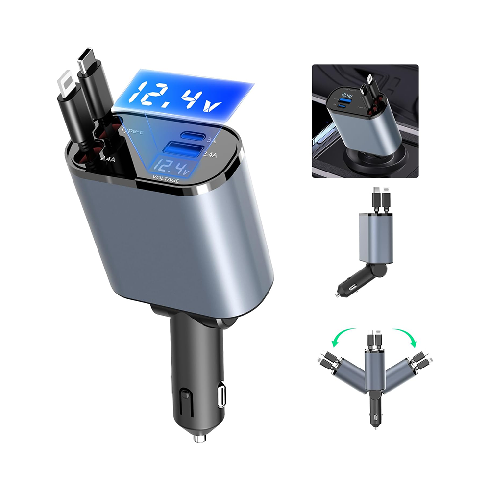 Caricabatterie Retrattile per Auto 4 in 1 – Ricarica Rapida