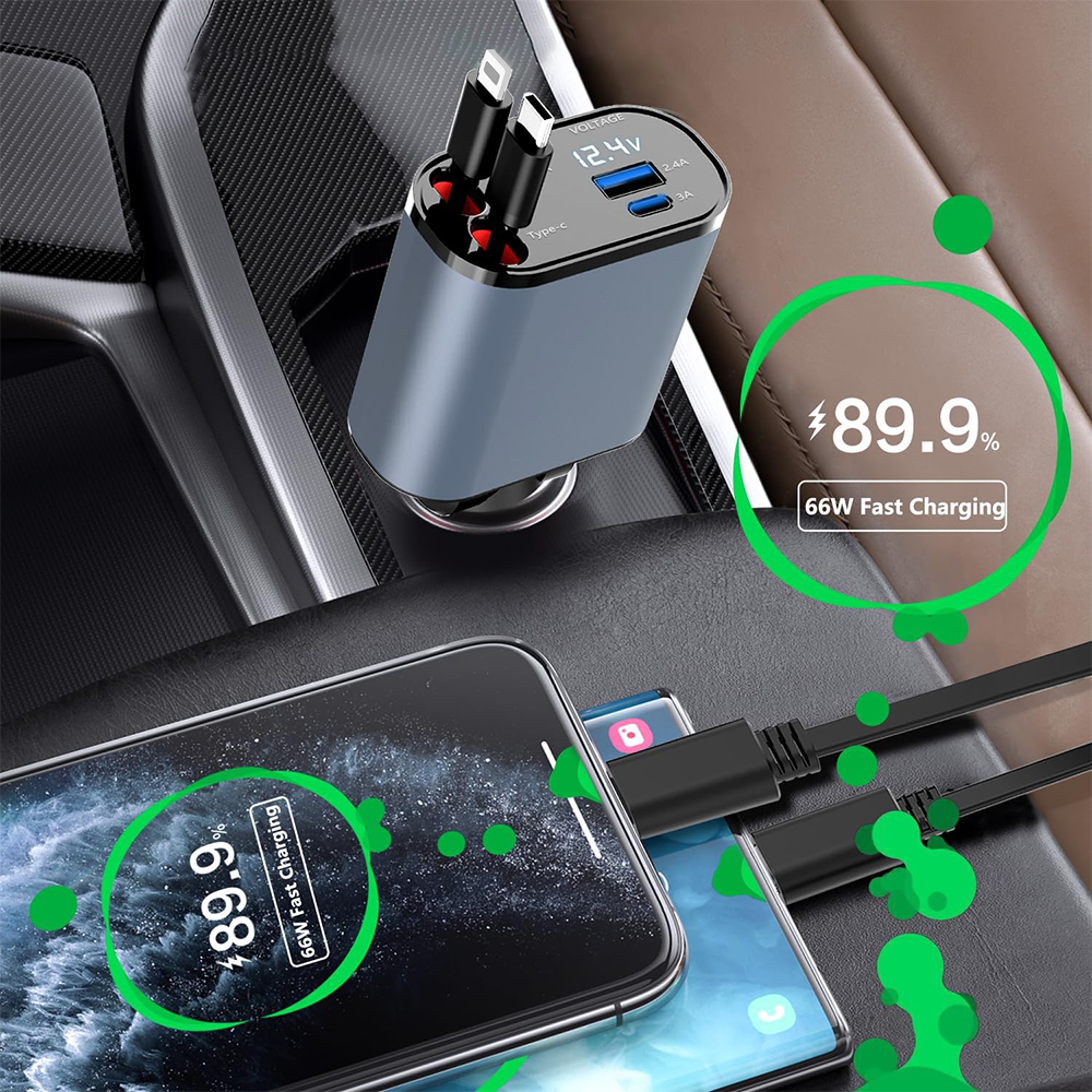 Caricabatterie Retrattile per Auto 4 in 1 – Ricarica Rapida