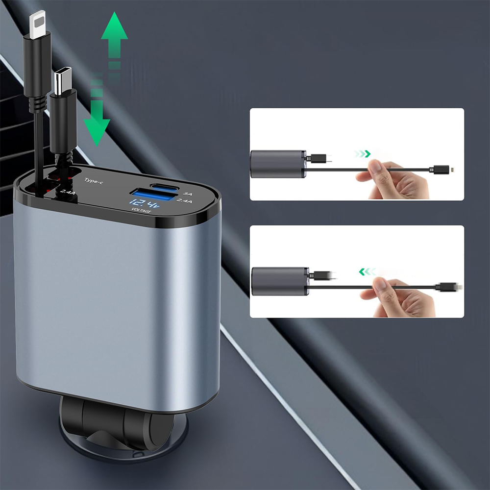 Caricabatterie Retrattile per Auto 4 in 1 – Ricarica Rapida