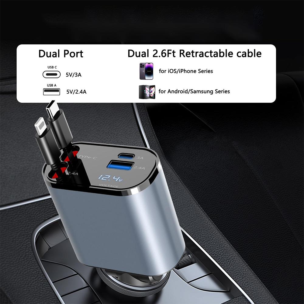 Caricabatterie Retrattile per Auto 4 in 1 – Ricarica Rapida