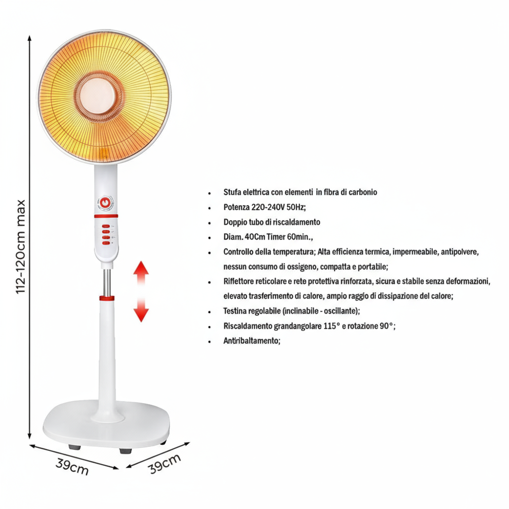Stufa a Parabola Elettrica a Fibra di Carbonio 1000W Oscillante Regolabile da Terra