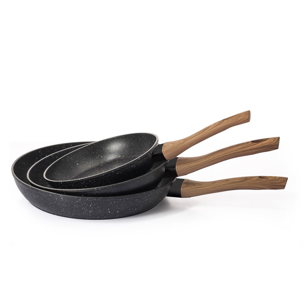 Padelle in Alluminio Forgiato Nero Puntinato con Manico Soft-Touch Effetto Legno