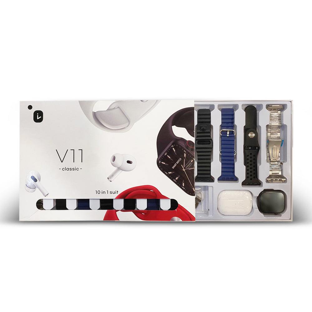 Smartwatch V11 Multifunzionale con Cuffie Bluetooth, 7 Cinturini Intercambiabili