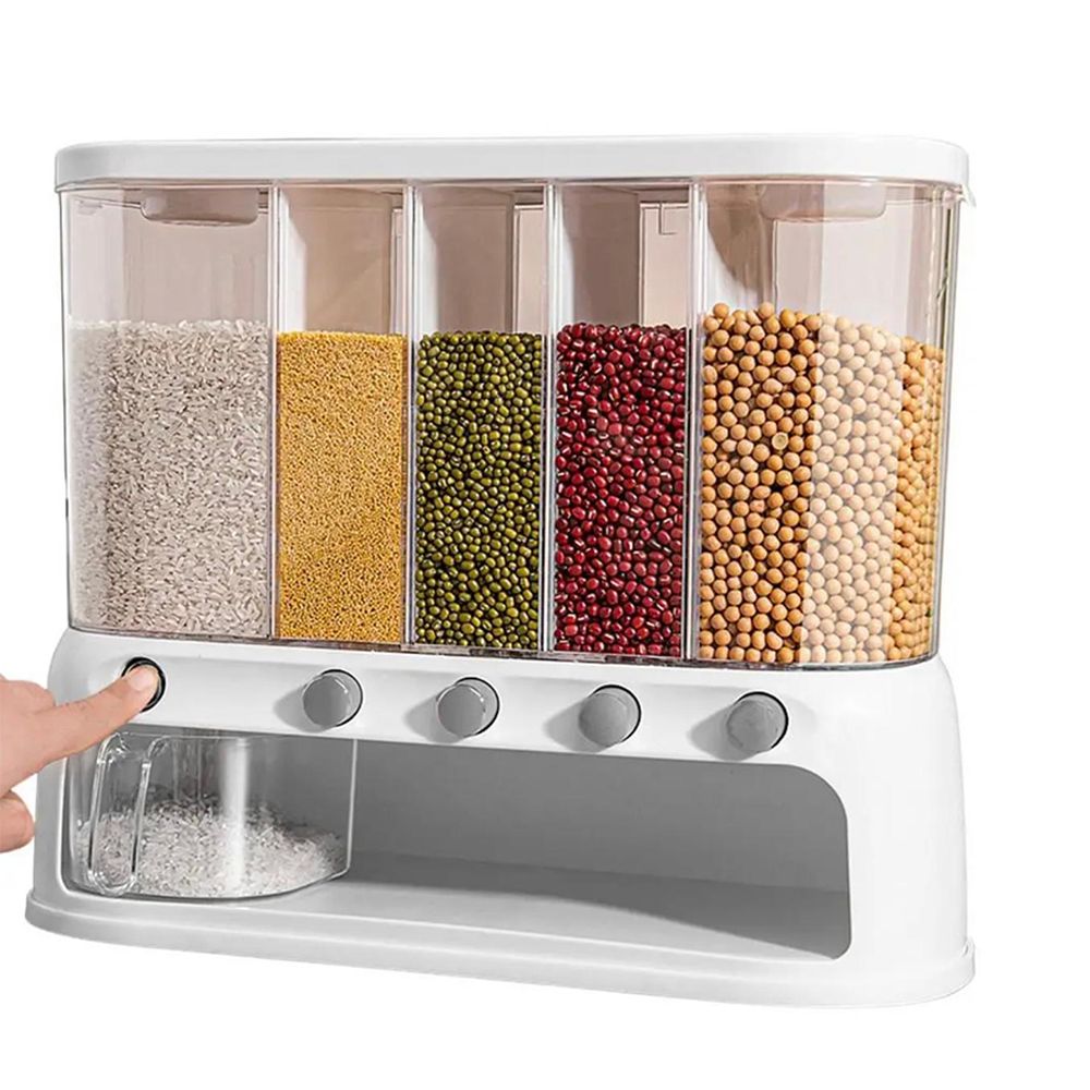 Dispenser da Parete per Alimenti Secchi con 5 Scomparti e Pulsante Erogatore