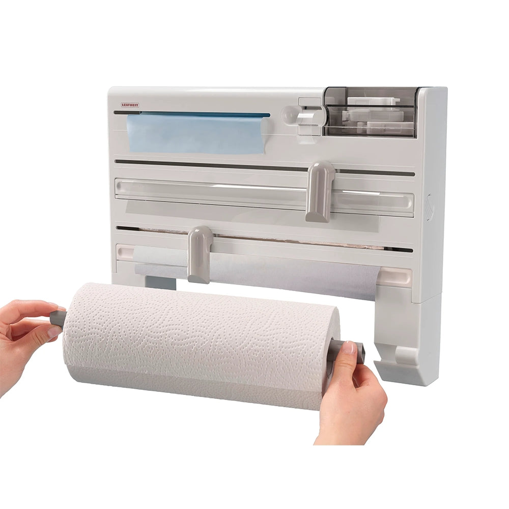Dispenser Portarotoli Multifunzione da Parete con Taglio Sicuro e Triplo Scomparto